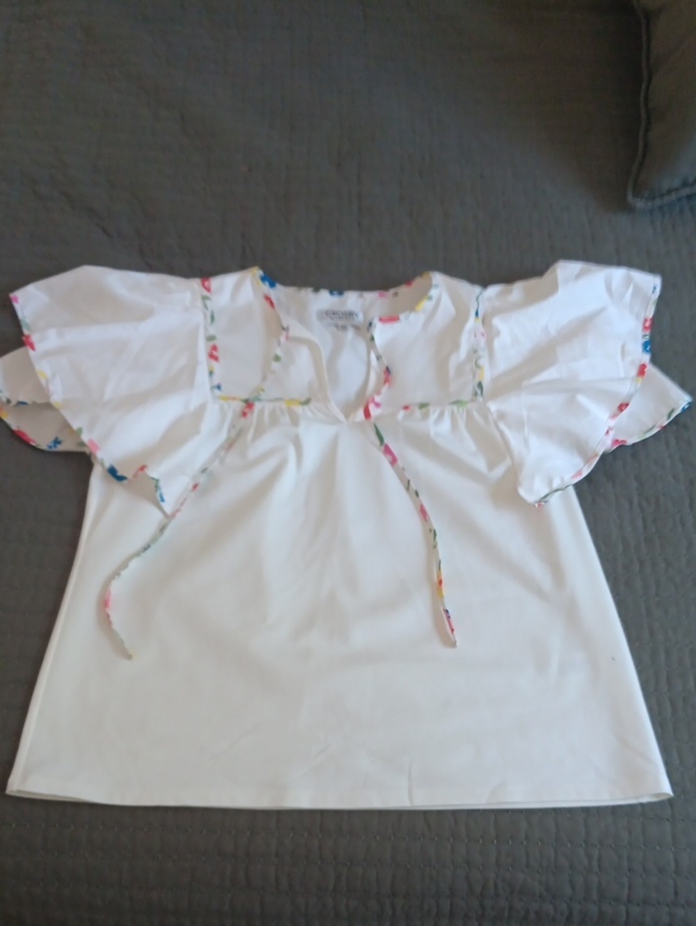 Crosby White Flutter Sleeve Top with Floral Trim